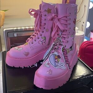 Dolls Kill Pink Combat Boots with Cartoon Graphics